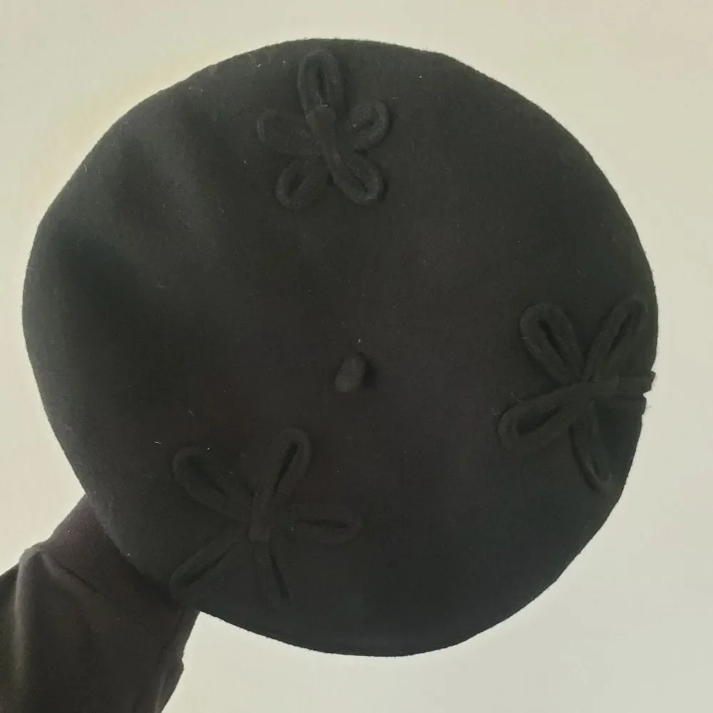 Toddler 100% Wool Hat Elegant Black Beret With Pretty Star Embroidery